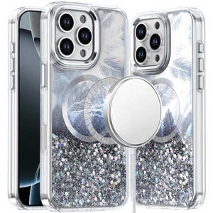 For iPhone 16 PRO MAX Case Feathers Glitter Magnetic Circle + 2 Tempered Glass - Picture 1 of 12