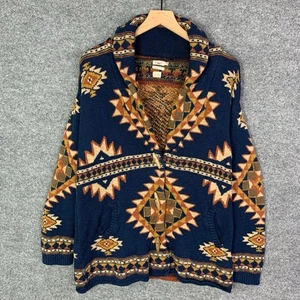Faherty Cardigan Sweater Womens Small Blue Aztec Southwest Organic Yellowtail - Picture 1 of 10