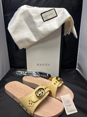 Sandálias Gucci Lifford de couro amarelo e madeira GG intertravadas EUA tamanho 9,5 - Imagem 1 de 4