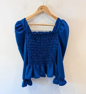 Liumilac royalblaues gesmoktes Damen-Top mit Schößchen Größe M Puffärmel eckiger Ausschnitt sehr guter Zustand - Bild 1 von 8