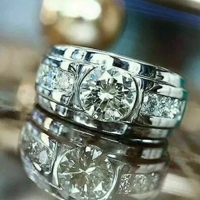 Anillo único de diamantes creados en laboratorio de corte redondo de 2,25 quilates enchapado en oro blanco de 14 quilates para hombre Foto 1 de 4