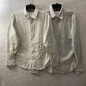 Perry Ellis Mens Button Shirt Lot 2 White Stripe Large Cotton Long Sleeve Collar - Picture 1 of 12