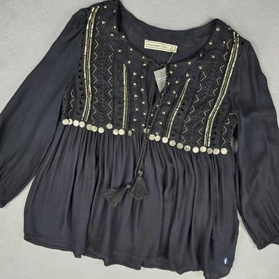 Blusa Abercrombie & Fitch Mujer Pequeña Negra Boho Bordada Campesina Top Nueva con Etiquetas Foto 1 de 4