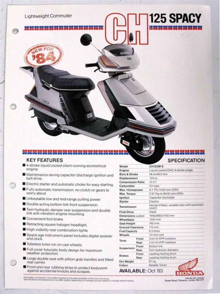 HONDA CH125 SPACY Lightweight Commuter Sales Specification Leaflet OCT 1983 - Image 1 of 3