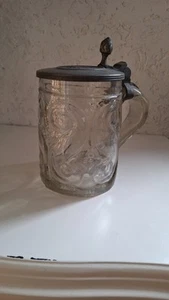 Sehr alter Bierkrug aus dickem Glas Pressglas mit Zinndeckel - Bild 1 von 12