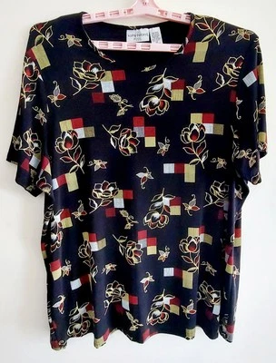 Женский пуловер KATHY IRELAND 2X черный с принтом нейлоновый топ с золотой подкладкой с цветочным рисунком - Изображение 1 из 4