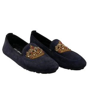 DOLCE & GABBANA Crystal Gold Crown Suede Loafer Shoes KING DRIVER Blue - Picture 1 of 8