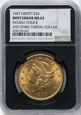 Collar parcial Liberty Gold 1907 $20 doble golpe segundo golpe NGC MS 62 Foto 1 de 4