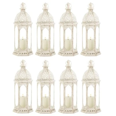 8 Pc Discount Wedding Lot Candle Lantern Distressed White Iron Cutouts 6" x 16" - Image 1 of 4