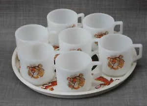 7 Fire King Milk Glass ESSO TIGER Coffee Cups & Matching Serving Bar Tray PROMO - Picture 1 of 12