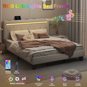 Faux Leather Adjustable Headboard F/Q/K Platform Bed Frame & Bluetooth Speaker - Picture 1 of 15