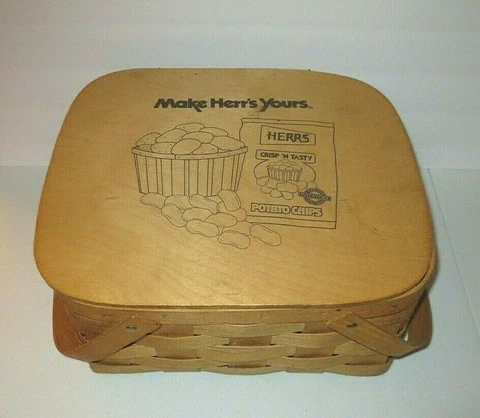 "MAKE HERR'S YOURS" POTATO CHIPS WOOD WEAVE PICNIC BASKET with HANDLES Cover
