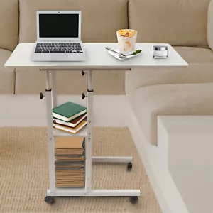 Computer End Table C-Shaped Side Table Height Adjustable Storage Shelf w/ Wheels - Picture 1 of 20