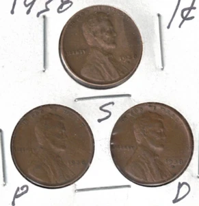 1938-D+P+S Circulated Business Strike Three Copper One Cent Coins! - Picture 1 of 2