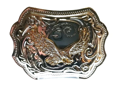 FLYING EAGLE Belt BUCKLE Gold on Silver Rectangular Metal Western/Biker/USA - Image 1 of 4