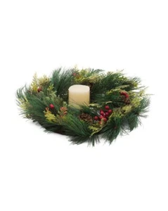 Luminara 4.5" Pillar Flameless Ivory Candle + Christmas 18" Wreath Berries Pines - Picture 1 of 5