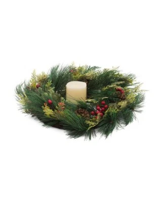 Luminara 4.5" Pillar Flameless Ivory Candle + Christmas 18" Wreath Berries Pines - Image 1 of 4
