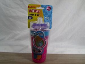 Pink Nuby Snack And Sip No Spill 9oz Cup Flexible Silicone Straw With Owl On Cup