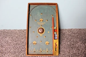 Antik J.H. Sängerin Bagatelle Marmor Spiel Holz Brett mit Glocke & Murmeln - Patent - Bild 1 von 7