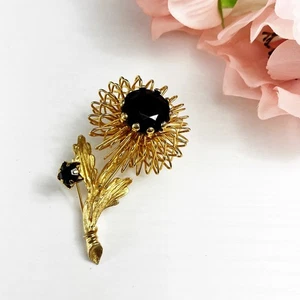 Vintage Gold & Black Flower Trembler Brooch - Picture 1 of 7