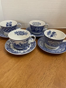 Set Of 4 SPODE Blue Room Collection 1996 Transferprinted Cups & Saucers - Picture 1 of 9