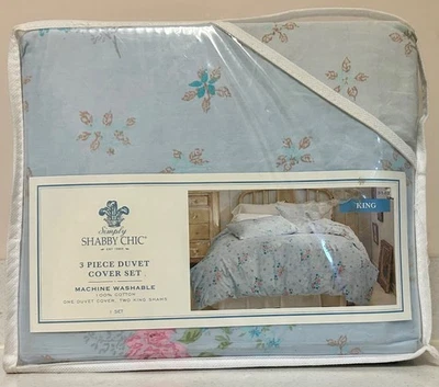 Simply Shabby Chic 100% Cotton Duvet Set- KING-New Lily Rose Blue Pink White - Image 1 of 3