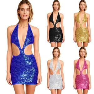 Women's Glittery Sequin Mini Dress Halter Deep V Neck Hollow Out Bodycon Dress  - Picture 1 of 70