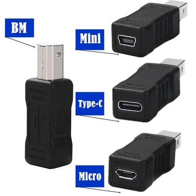 USB 2.0 B Male to Type C/Micro/Mini 5P Female Adapter Printer Scanner Data Sync - Image 1 of 4