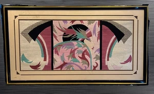 Vintage Textil Art Deco 80er Jahre lebendige metallische Dame gerahmt Nadelspitze 42x23 - Bild 1 von 9