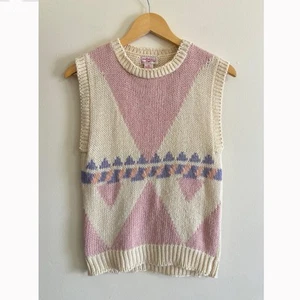 Vintage 80s Radishes & Roses Wool Blend Knit Sweater Vest Women Small Pastel Art - Picture 1 of 9