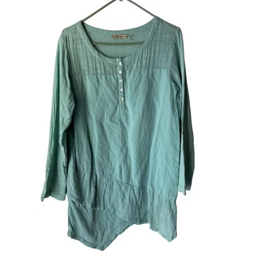 Top túnica Soft Surroundings para mujer azul medio dobladillo asimétrico lino algodón Foto 1 de 4