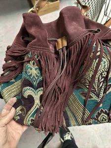 Sam Edelman Jacquard And Suede Tyra Hobo Fringe Bag Port Wine L - Picture 1 of 2