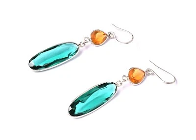 925 Sterlingsilber Smaragd Quarz & Citrin Edelstein Damen Handgemacht Ohrringe - Bild 1 von 4