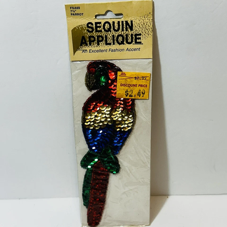 Vintage 80s 90s Sequin Sew On Patch Parrot Bird Size Wang’s 7 1/2” Size - Image 1 of 4