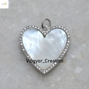 Colgante de corazón de diamante natural de oro blanco liso de 14 K madre perla regalo de boda - Imagen 1 de 4