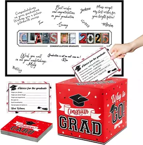 Modern Red Graduation Card Box with 30 Advice Cards & Signature Board for Class - Picture 1 of 12