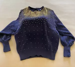 Vintage 80's Bonnie Boerer Embellished Navy Sweater with Gold Beads M - Picture 1 of 12