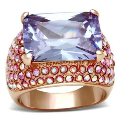 Amethyst emerald cut ring rose gold rainbow pave stones cz - Image 1 of 4