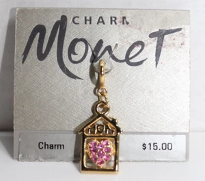 VINTAGE PINK MOM HEART RHINESTONE CRYSTAL CHARM GOLD TONE BY MONET CRYSTALS NEW! - Picture 1 of 3