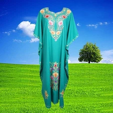 Womens Maxi Caftan Dress, Sea Blue Floral Hand Embellished Kaftan,Bohemian L-3XL