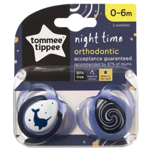 Tommee Tippee Night Time Orthodontic Soothers 0-6m 2 Pack BPA Free Silicone - Picture 1 of 3
