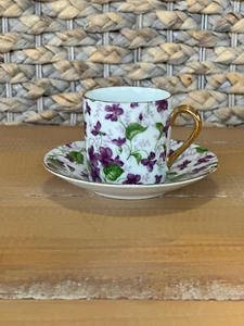 Taza y platillo Demitasse Forget Me Not púrpura flores mango dorado violetas abuela - Imagen 1 de 8