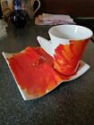 Partylite Coffee Espresso Cup And Square Saucer With Red Flower Design 