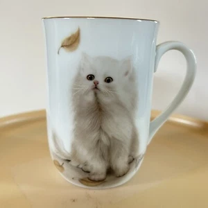 Otagiri Bob Harrison White Kitten Fluffy Cat Coffee Cup Mug Blue Leaves Japan - Picture 1 of 7
