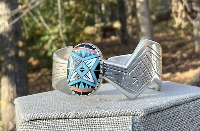RMT Roderick Tenorio Sterling Silver Cuff Bracelet Turquoise Inlay Pollack Relio - Image 1 of 4
