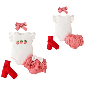 Baby Girls Bodysuit Romper with Plaid Ruffled Bloomers Foot Covers Headband - Picture 1 of 22