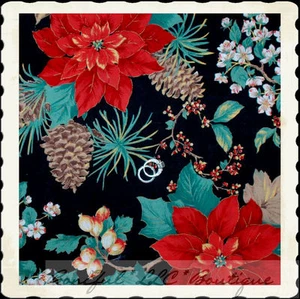 BonEful Fabric FQ Cotton Quilt Red Green Flower Tree Leaf Pinecone Berry US SALE - Picture 1 of 6