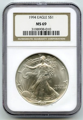 1994 American Eagle 1 Oncia Argento Dollaro NGC MS69 Certificato Lingotto - P600 - Immagine 1 di 2