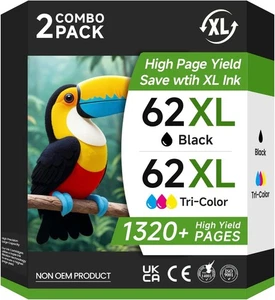62XL Ink Cartridges Combo Pack Black & Tri-Color Ink Replacement for HP 62XL - Picture 1 of 4