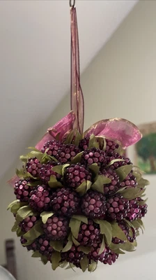 Sugared Fruit Ornament Ball Beaded Berry Clusters 3.5” Kissing Ball Purple - Image 1 of 4